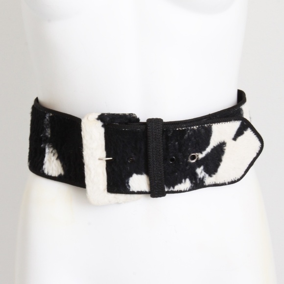 Vintage Norma Kamali OMO Cow Print Wide Belt Black White Faux Fur Leather 90s main image 9
